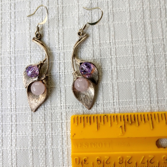 Dangle Earrings Amethyst Silver Floral Purple Pearl - Picture 5 of 7